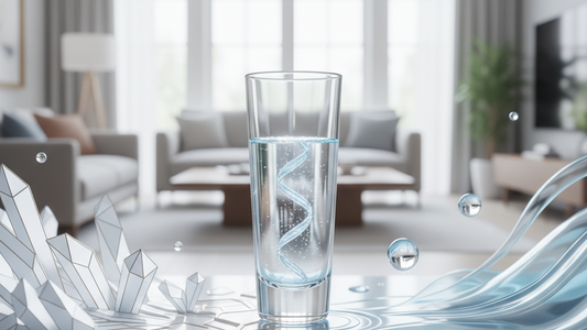 Hard water vs soft water comparison - crystal-clear glass of water with clean background and elegant London home interior