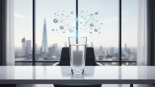 Structured pure hydration for cognitive performance in London - premium glass of pure water with London UK skyline silhouetted background