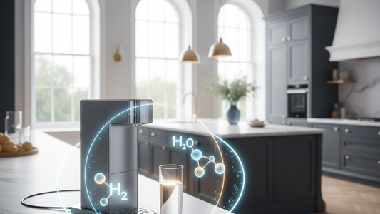 Unseen chemical dangers in London tap water - premium water glass on kitchen counter, soft-focus London townhouse interior