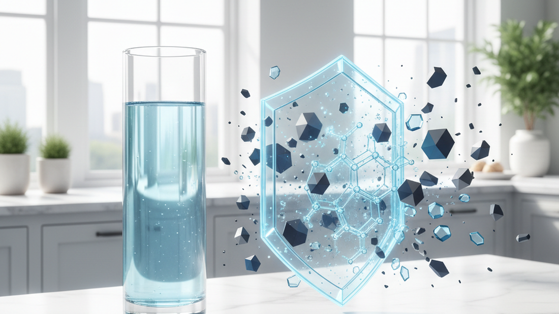 Microplastics and nanoplastics barrier defense - pure sparkling water glass on kitchen counter in London home with elegant molecular shield representation