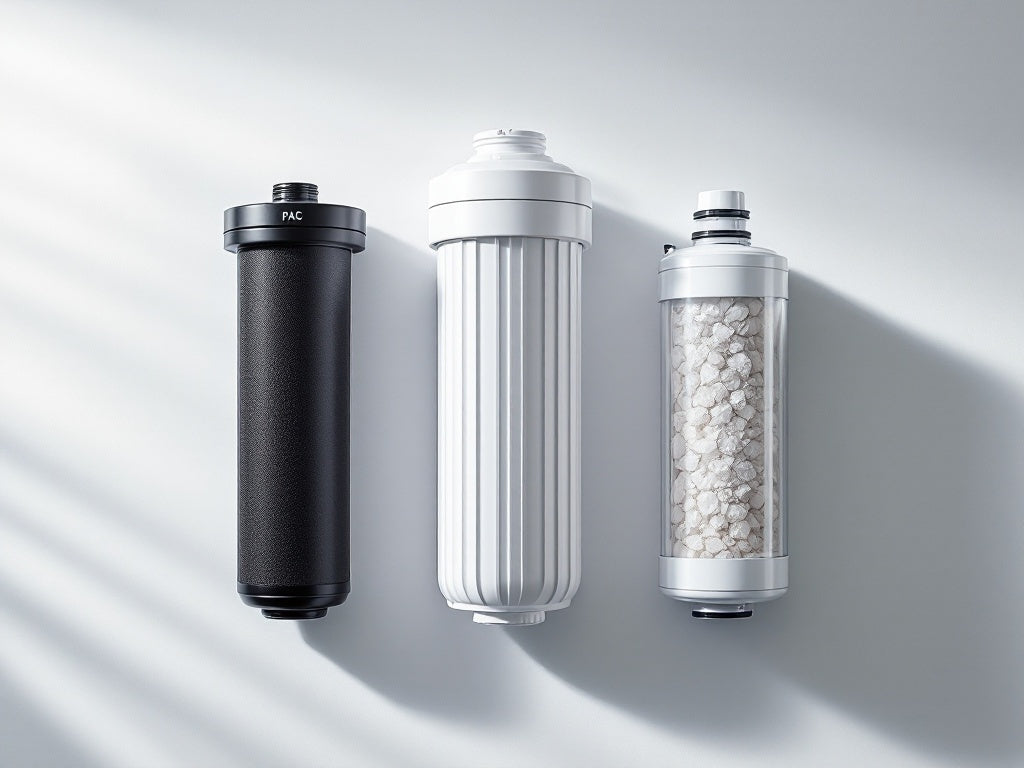 Professional display of three water filter types: PAC, RO membrane, and mineral filters showing different materials and textures - Kapino Water UK premium Hydrogen water dispenser technology
