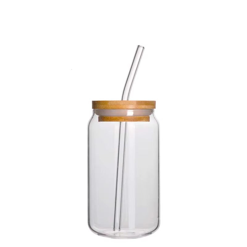 Premium 360ml borosilicate glass cup with sealed bamboo lid and glass straw (SKU 311).