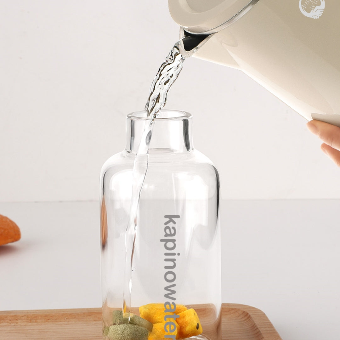 Premium 750ml borosilicate glass water bottle with glass plug lid (SKU 301).