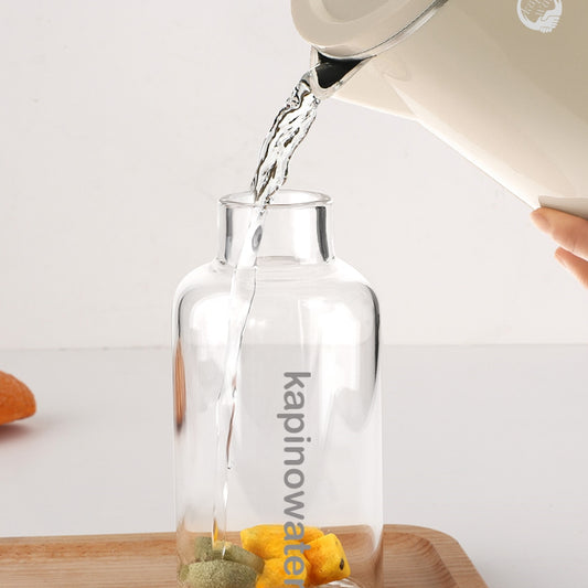 Premium 750ml borosilicate glass water bottle with glass plug lid (SKU 301).