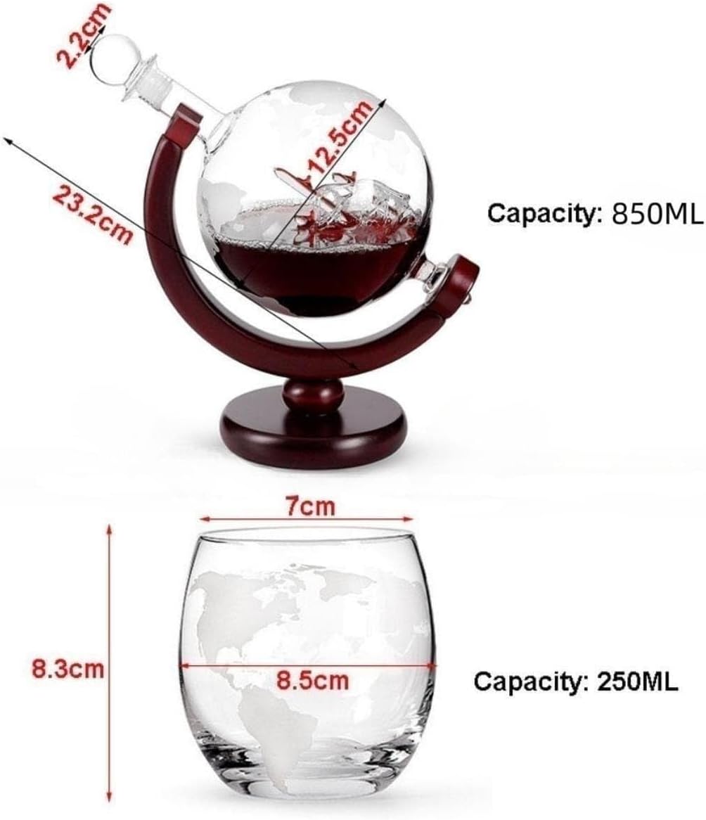 Close-up on the two etched globe glasses included with the decanter set.
Measurements of the items