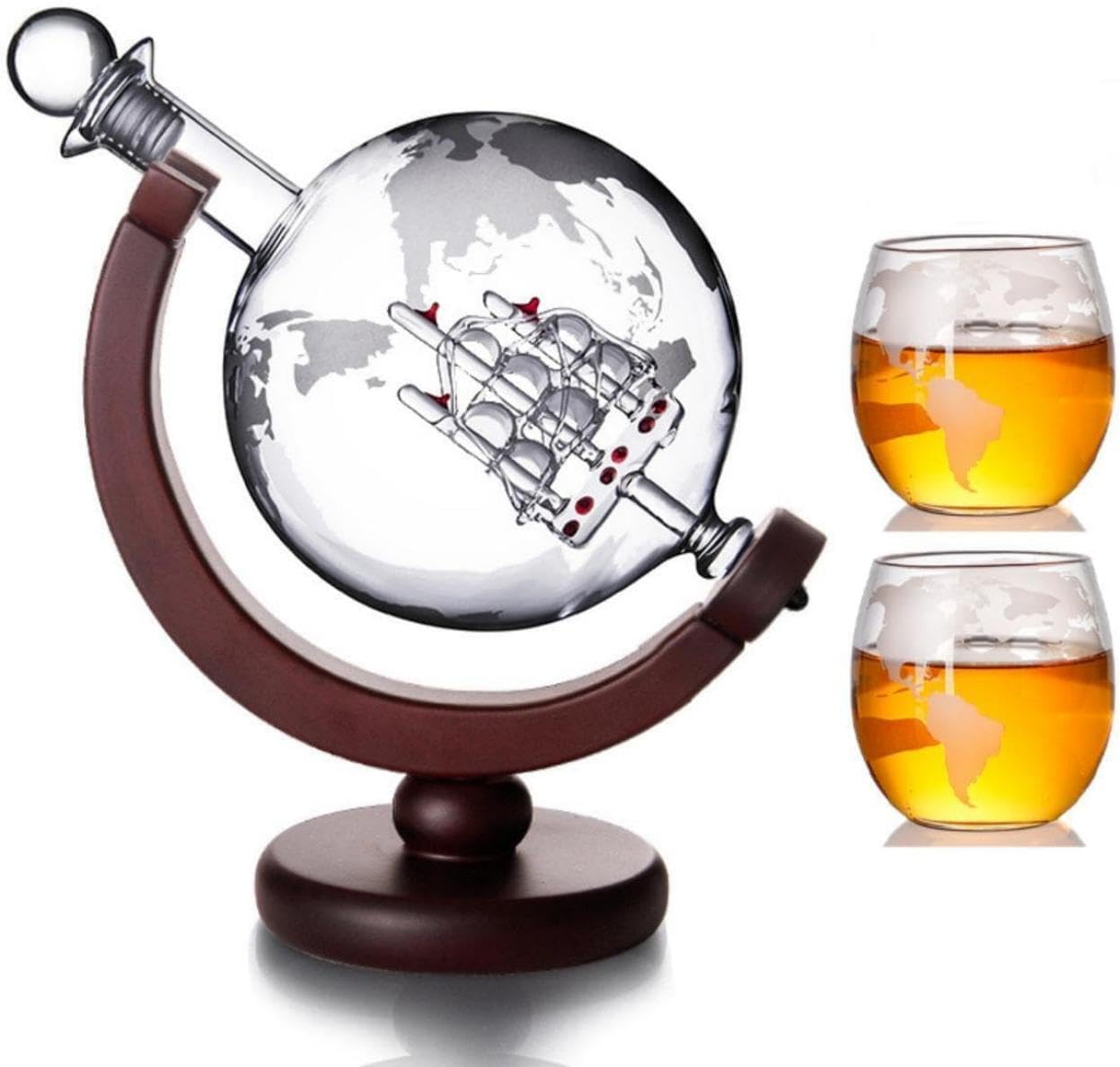 Action shot of whiskey being poured from the 800ml globe decanter.