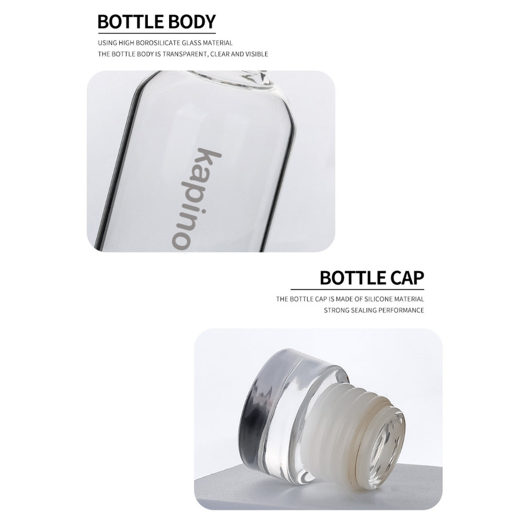 Close-up detail of the leak-proof glass plug lid on the 750ml borosilicate bottle.