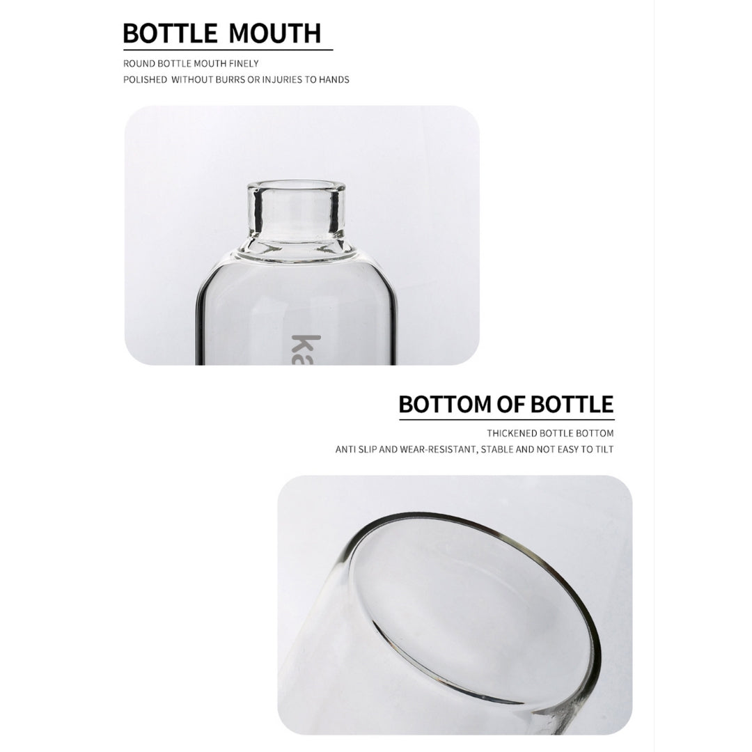 Eco-friendly and reusable 750ml water bottle made from durable borosilicate glass.